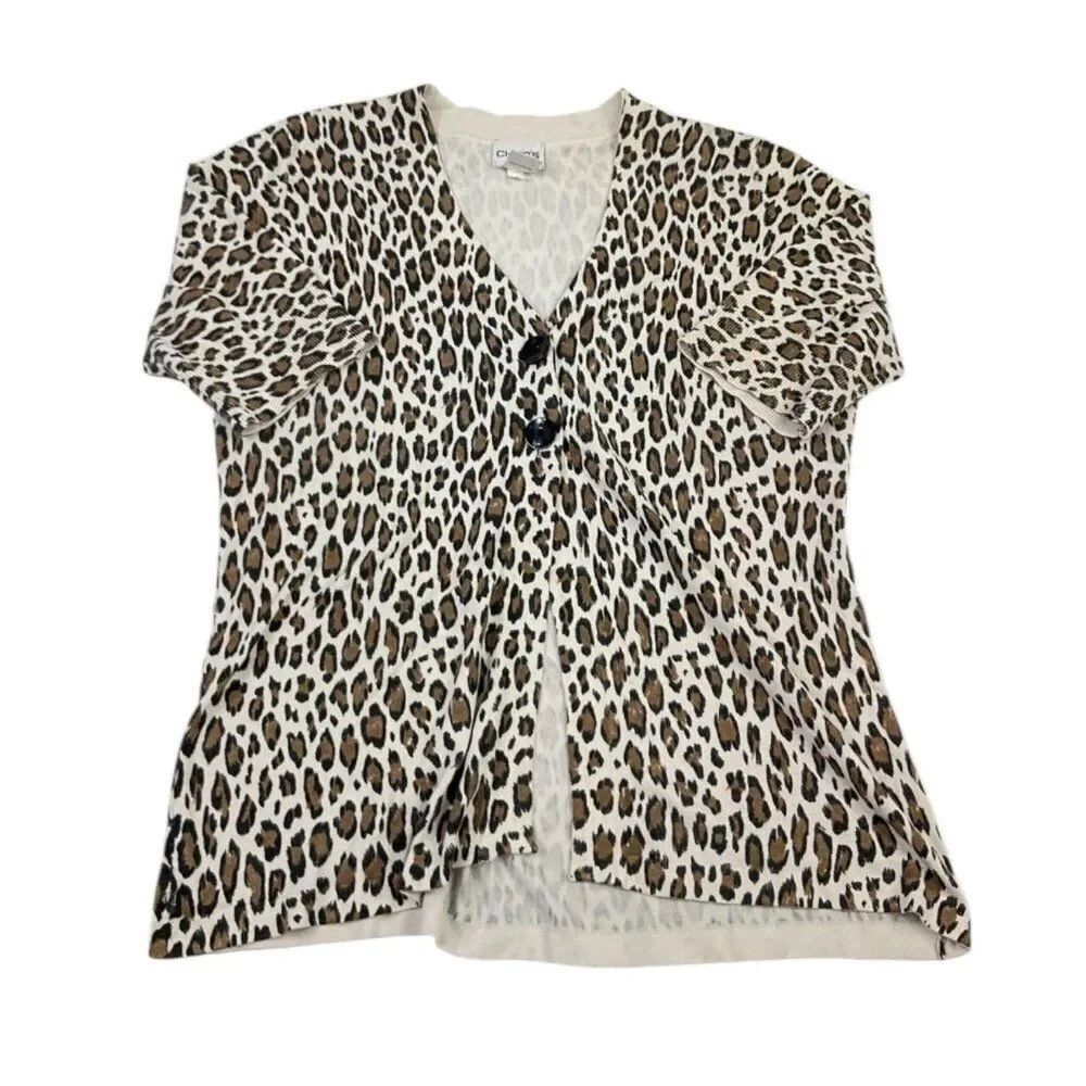 Chicos Silk Blend Cardigan Animal Print Short Sleeve Bold Layering Sweater 1 M